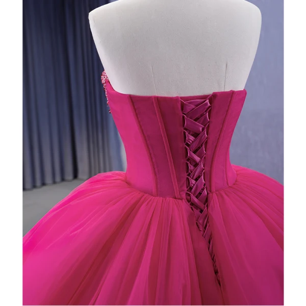 High-end Fuchsia Beading Pearl Sequins Cascading Ruffles Prom Dresses 2023 Ball Gown Strapless Corset Sleeveless Backless Chapel Train Prom Formal Dresses