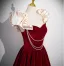 Elegant Burgundy Pearl Prom Dresses 2024 Ball Gown Square Neckline Ruffle Short Sleeve Floor-Length / Long Prom Formal Dresses Backless
