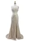 Haut de Gamme Beige Fait main Perlage Faux Diamant Fendue devant Robe De Bal 2024 Trompette / Sirène Encolure Carrée Sans Manches Dos Nu Train De Balayage Promo Robe De Ceremonie