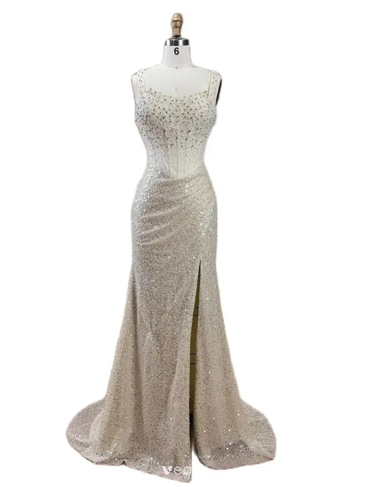 beige sparkly prom dress Champagne Beaded Strapless Mermaid Long Prom Dress with Slit – Modsele main image 0