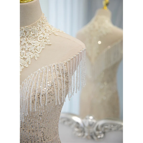 Charming Silver Beading Tassel Sequins Lace Flower Evening Dresses 2023 Trumpet / Mermaid High Neck Sleeveless Floor-Length / Long Evening Party Formal Dresses