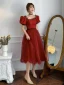 Fashion Burgundy Holiday Spotted Party Dresses 2023 A-Line / Princess Square Neckline Short Sleeve Backless Tea-length Formal Dresses