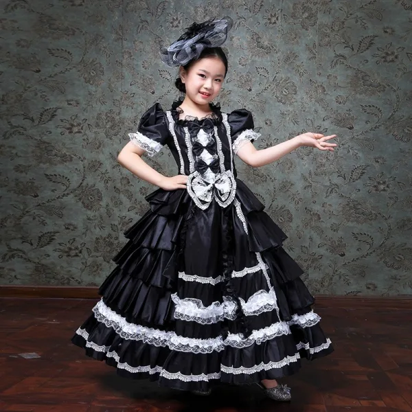 Vintage / Retro Medieval White Flower Girl Dresses 2024 Bow Floor-Length / Long Short Sleeve U-Neck Cosplay Prom Ball Gown Wedding Party Dresses