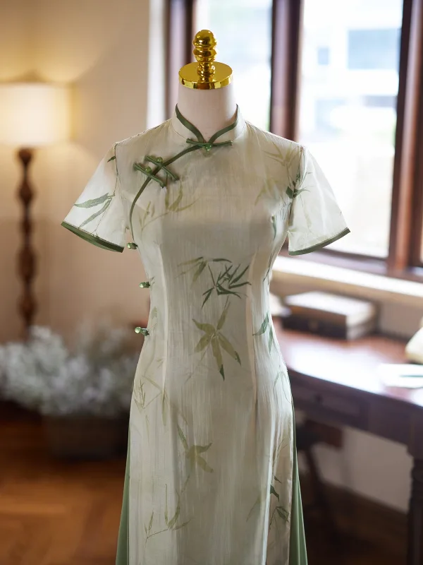 Chinese style Sage Green Printing Summer Tea-length Cheongsam 2024 Trumpet / Mermaid High Neck Short Sleeve