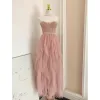 Chic / Beautiful Blushing Pink Cascading Ruffles Prom Dresses 2023 A-Line / Princess Strapless Sleeveless Backless Floor-Length / Long Prom Formal Dresses