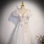 Fashion White Beading Pearl Sequins Prom Dresses 2023 A-Line / Princess V-Neck Puffy Short Sleeve Bow Backless Floor-Length / Long Prom Formal Dresses