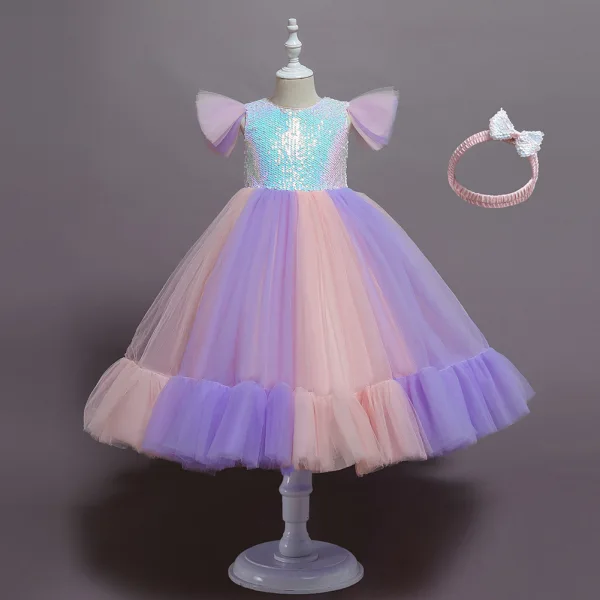 Lovely Sky Blue Sequins Birthday Flower Girl Dresses 2023 Ball Gown Scoop Neck Short Sleeve Bow Floor-Length / Long Flower Girl Dresses