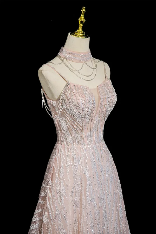Scintillantes Rougissant Rose Perlage Faux Diamant Paillettes Robe De Bal 2025 Princesse Col Haut Sans Manches Dos Nu Longue Robe De Ceremonie