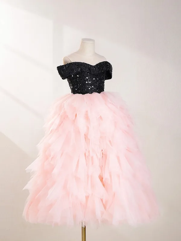 Bling Bling Rougissant Rose Perlage Paillettes Anniversaire Robe Ceremonie Fille 2024 Robe Boule De l'épaule Manches Courtes Dos Nu Noeud Longue Tulle
