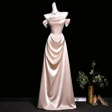 Cinching Champagne Satin Evening Dresses 2026 A Line Princess Off The Shoulder Short Sleeve Backless Floor Length Long Formal Dresses