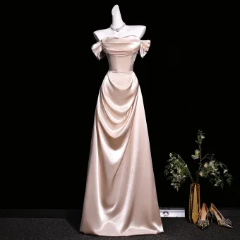 Tailliert Champagner Satin Abendkleider 2026 A Linie Off Shoulder Kurze Ärmel Rückenfreies Lange Festliche Kleider