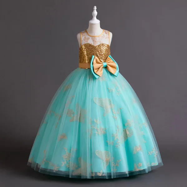 Chic / Beautiful Sky Blue Lace Flower Sequins Flower Girl Dresses 2024 Ball Gown Birthday Sleeveless Scoop Neck Bow Floor-Length / Long
