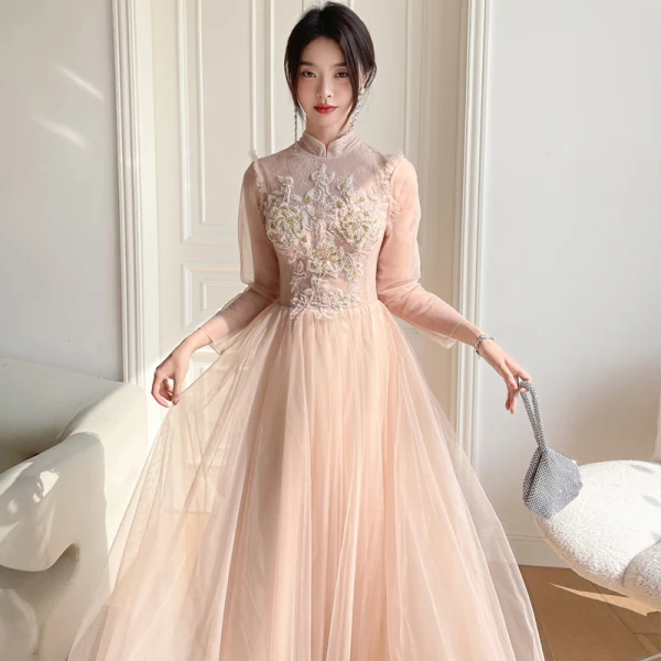 Chic / Beautiful Champagne Beading Bridesmaid Dresses 2022 A-Line / Princess Short Sleeve Backless Floor-Length / Long Bridesmaid