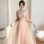 Chic / Beautiful Champagne Beading Bridesmaid Dresses 2022 A-Line / Princess Short Sleeve Backless Floor-Length / Long Bridesmaid