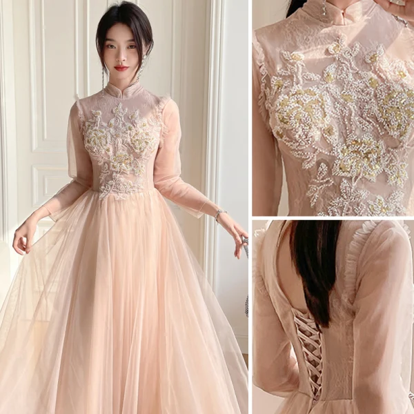 Chic / Beautiful Champagne Beading Bridesmaid Dresses 2022 A-Line / Princess Short Sleeve Backless Floor-Length / Long Bridesmaid