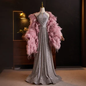 Sexy Argenté Glitter Paillettes Avec Châle Robe De Soirée 2024 Trompette Sirène Titulaire Sans Manches Longue Soirée Robe De Ceremonie