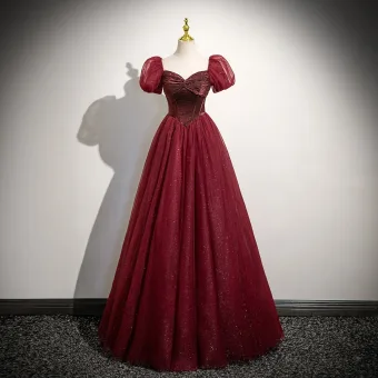 Chic Belle Bordeaux Glitter Robe De Bal 2025 Princesse Encolure Carrée Gonflée Manches Courtes Dos Nu Longue Promo Robe De Ceremonie