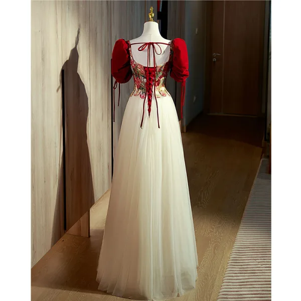 Elegant Burgundy Printing Prom Dresses 2022 A-Line / Princess Square Neckline Short Sleeve Backless Bow Floor-Length / Long Formal Dresses