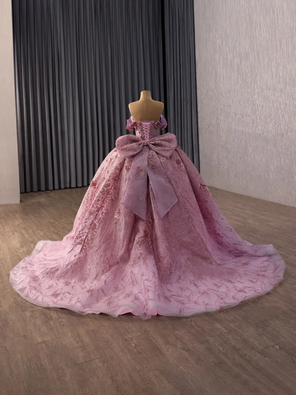 Luxury / Gorgeous Lovely Blushing Pink Pearl Sequins Appliques Prom Dresses 2026 Ball Gown Off-The-Shoulder Short Sleeve Backless Bow Chapel Train Formal Dresses