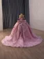 Luxury / Gorgeous Lovely Blushing Pink Pearl Sequins Appliques Prom Dresses 2026 Ball Gown Off-The-Shoulder Short Sleeve Backless Bow Chapel Train Formal Dresses