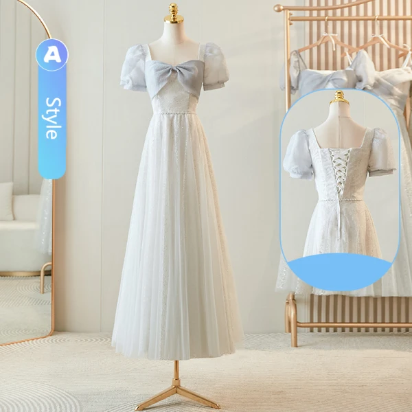 Modest / Simple Grey Short Sleeve Backless Bridesmaid Dresses 2024 A-Line / Princess Floor-Length / Long Tulle