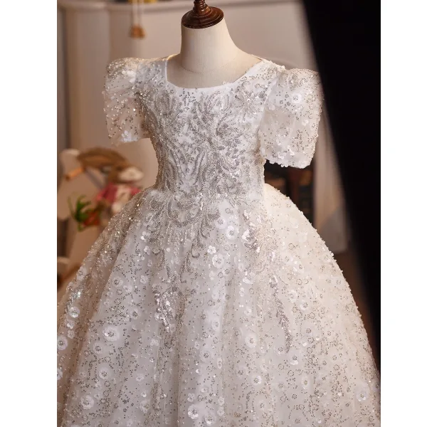 Sparkly Charming White Beading Pearl Sequins Birthday Flower Girl Dresses 2025 Ball Gown Square Neckline Short Sleeve Floor-Length / Long Tulle