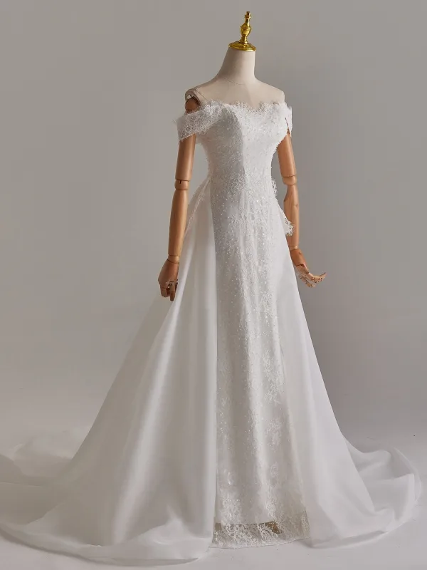 Elegant White Pearl Lace Flower Detachable Sweep Train Wedding Dresses 2025 Trumpet / Mermaid Off-The-Shoulder Sleeveless Backless