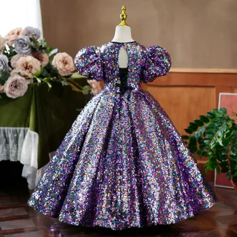 Scintillantes Multi Couleurs Paillettes Violet Anniversaire Robe Ceremonie Fille 2023 Robe Boule Encolure Dégagée Gonflée Manches Courtes Dos Nu Longue