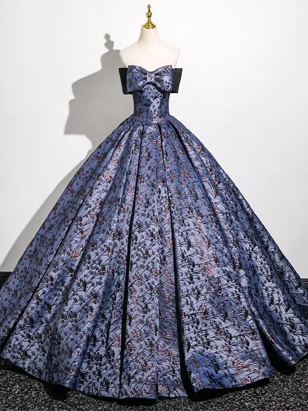 Élégant Violet Impression Robe De Bal 2025 Robe Boule Bustier Noeud Sans Manches Dos Nu Longue Promo Robe De Ceremonie