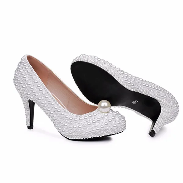 Elegante Witte Parel Bruidsschoenen 2025 9 cm Naaldhakken / Stiletto Ronde Neus Huwelijk Pumps Hoge Hakken