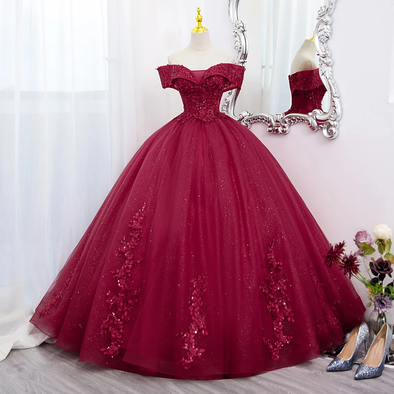 Elegant Burgundy Beading Sequins Lace Flower Prom Dresses 2022 Ball Gown  Off The Shoulder Short Sleeve Backless Floor Length Long Prom Formal Dresses