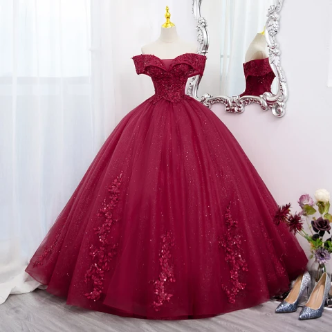 Eleganckie Burgund Frezowanie Cekiny Z Koronki Kwiat Sukienki Na Bal 2022 Suknia Balowa Przy Ramieniu Kótkie Rękawy Bez Pleców Długie Bal Sukienki Wizytowe