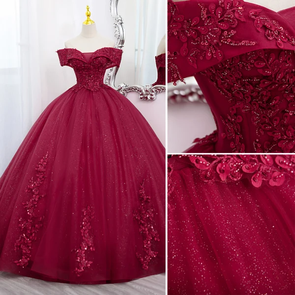 Elegant Burgundy Beading Sequins Lace Flower Prom Dresses 2022 Ball Gown Off-The-Shoulder Short Sleeve Backless Floor-Length / Long Prom Formal Dresses