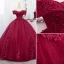 Elegant Burgundy Beading Sequins Lace Flower Prom Dresses 2022 Ball Gown Off-The-Shoulder Short Sleeve Backless Floor-Length / Long Prom Formal Dresses