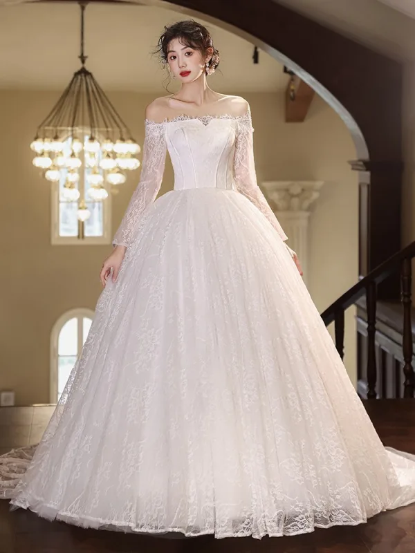 Elegante Weiß Spitze Blumen Brautkleider / Hochzeitskleider 2025 Ballkleid Off Shoulder Lange Ärmel Rückenfreies Sweep / Pinsel Zug Hochzeit