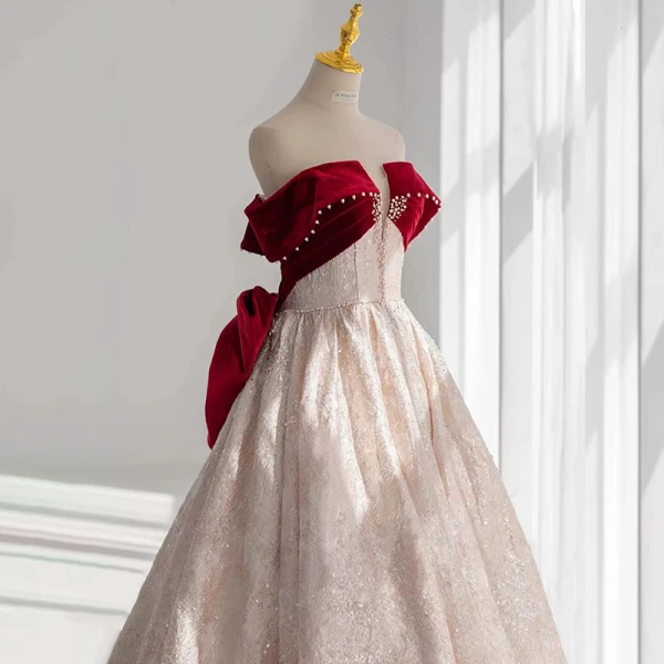 Charming Burgundy Beading Evening Dresses 2023 A-Line / Princess Satin Off-The-Shoulder Sleeveless Backless Bow Floor-Length / Long Evening Party Formal Dresses