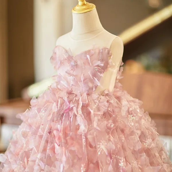 Flower Fairy Blushing Pink Appliques Sequins Birthday Flower Girl Dresses 2024 Ball Gown Scoop Neck Sleeveless Backless Short