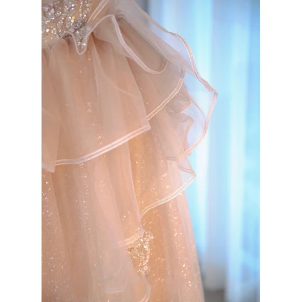 Charmant Champagne Perlage Paillettes Volants en Cascade Robe De Soirée 2022 Princesse De l'épaule Dos Nu Manches Courtes Longue Soirée Robe De Ceremonie