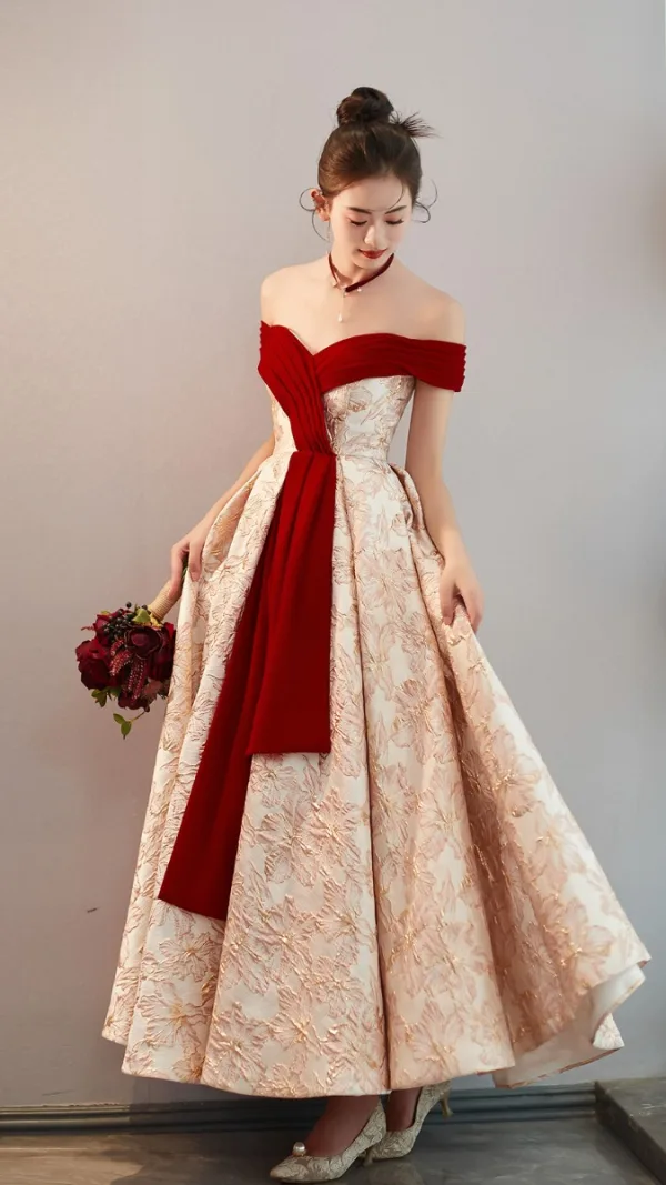 Chic / Beautiful Red Printing Prom Dresses 2023 A-Line / Princess Off-The-Shoulder Sleeveless Backless Floor-Length / Long Prom Formal Dresses
