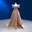 Luxe Scintillantes Doré Fait main Perlage Paillettes Robe De Bal 2022 Princesse Encolure Carrée Manches Courtes Dos Nu Train De Balayage Promo Robe De Ceremonie