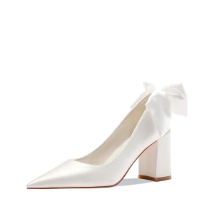 Élégant Blanche Cuir Satin Noeud Chaussure De Mariée 2023 7 Cm Talons Épais À Bout Pointu Mariage Escarpins Talons Hauts