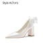 Chic Blanche Noeud Chaussure De Mariée 2024 Cuir 7 cm Talon Bloc À Bout Pointu Mariage Escarpins Talons Hauts