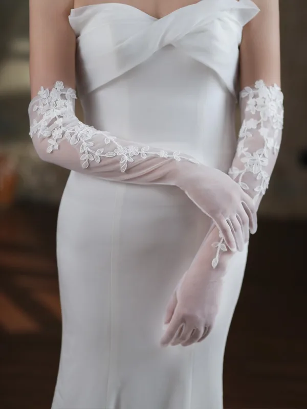 Vintage / Retro Elegant White Lace Flower Wedding Bridal Gloves 2025 Tulle