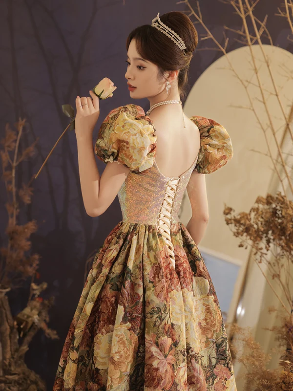 Vintage / Retro Fancy Gold Printing Prom Dresses 2023 A-Line / Princess Square Neckline Puffy Short Sleeve Backless Floor-Length / Long Prom Formal Dresses