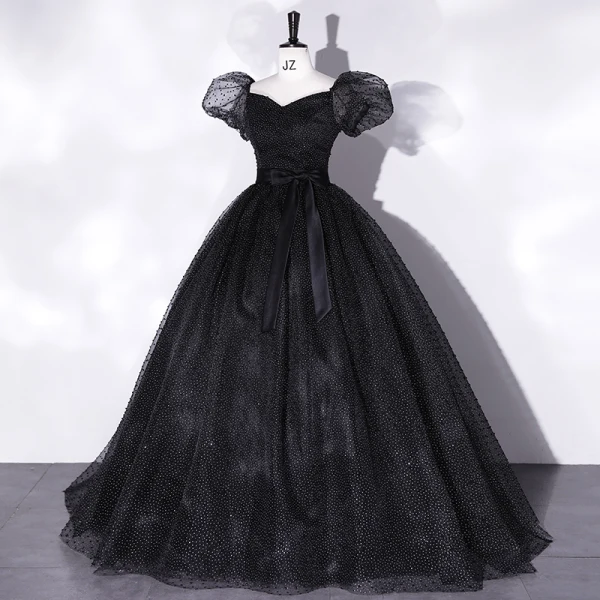 Élégant Noire Tachetée Robe De Bal 2022 Robe Boule Encolure Carrée Gonflée Manches Courtes Dos Nu Noeud Ceinture Longue Promo Robe De Ceremonie