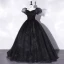 Élégant Noire Tachetée Robe De Bal 2022 Robe Boule Encolure Carrée Gonflée Manches Courtes Dos Nu Noeud Ceinture Longue Promo Robe De Ceremonie