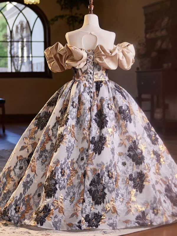 Chic / Beautiful Black Gold Printing Birthday Flower Girl Dresses 2024 Ball Gown Scoop Neck Short Sleeve Backless Floor-Length / Long