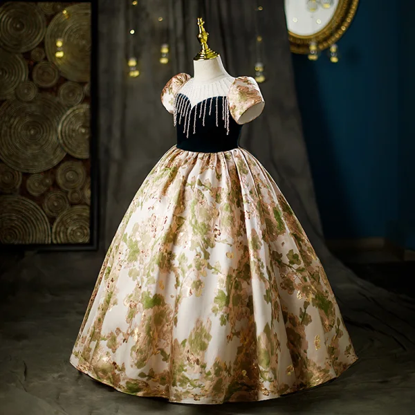Élégant Noire Impression Anniversaire Robe Ceremonie Fille 2022 Robe Boule Encolure Dégagée Perlage Gland Gonflée Manches Courtes Dos Nu Longue Robe Ceremonie Fille