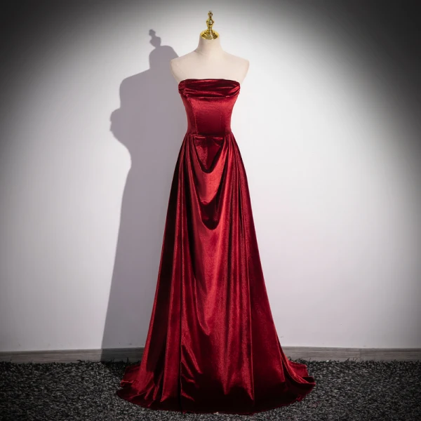 Modest / Simple Burgundy Velvet Prom Dresses 2024 A-Line / Princess Square Neckline Sleeveless Backless Floor-Length / Long Prom Formal Dresses