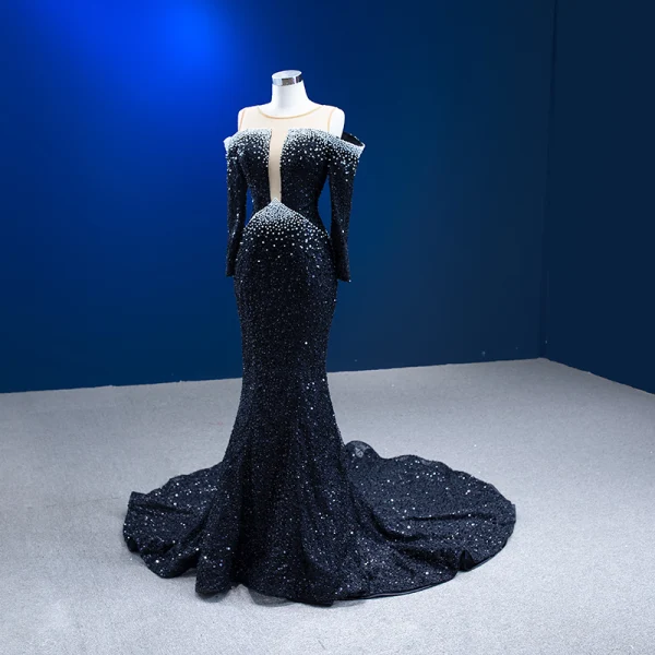 High End Schwarz Perlenstickerei Perle Pailletten Abendkleider 2023 Meerjungfrau Rundhalsausschnitt 3/4 Ärmel Lange Abend Festliche Kleider